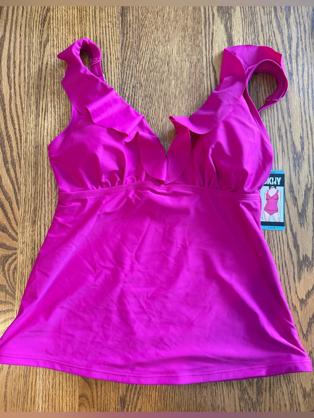 DKNY Ruffle V-Neck Tankini Top NWT Fuchsia L